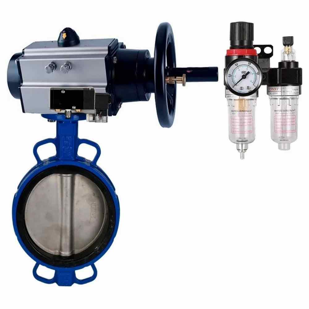 صمام فراشة الماء DNOVA WBV1413E-2W-Fb مادة الهيكل - حديد زهر GGG50/EN-GJS-500-7، مادة القرص - حديد زهر GGG40/EN-GJS-400-15، الختم - EPDM مع مشغل هوائي مزدوج الفعل PA-DA-105-1، موزع هوائي 4M310-08، مفتاح حد