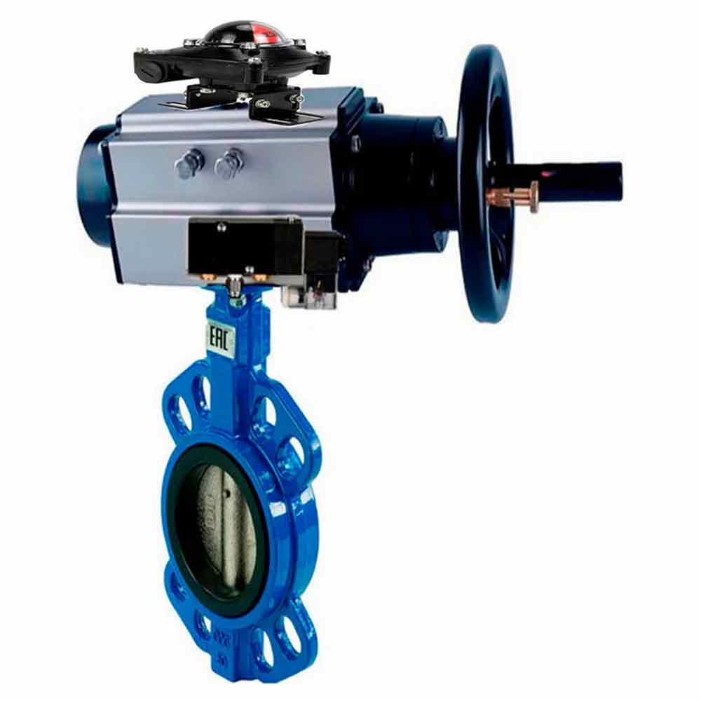 صمام فراشة الماء DNOVA WBV1432N-2W-Fb مادة الهيكل - حديد زهر GGG50/EN-GJS-500-7، مادة القرص - فولاذ مقاوم للصدأ AISI 316L/1.4404، مانع تسرب - NBR مع مشغل هوائي مزدوج الفعل PA-DA-105-1، موزع هوائي 4M310-08، مفتاح حد