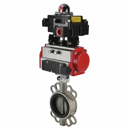 Water butterfly valve DNOVA 316L-316L-VITON body material - stainless steel aisi 316l, disk material - stainless steel AISI 316L, seal - Viton with pneumatic actuator DNOVA SA, pneumatic distributor 4M310-08 220V and limit switch block APL-410N EX