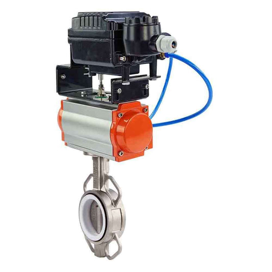 Válvula de mariposa de agua DNOVA 316l-ptfe-DNOVA-sa-yt1000rsn, material del cuerpo - acero inoxidable AISI 316L, material del disco - acero inoxidable AISI 316L, sello - PTFE, actuador neumático operado
