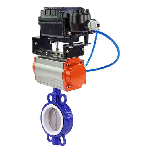 Válvula de mariposa de agua DNOVA st-316l-ptfe-DNOVA-sa-yt1000rsi, material del cuerpo: acero al carbono WCB, material del disco: acero inoxidable AISI 316L, sello: PTFE, accionado por actuador neumático