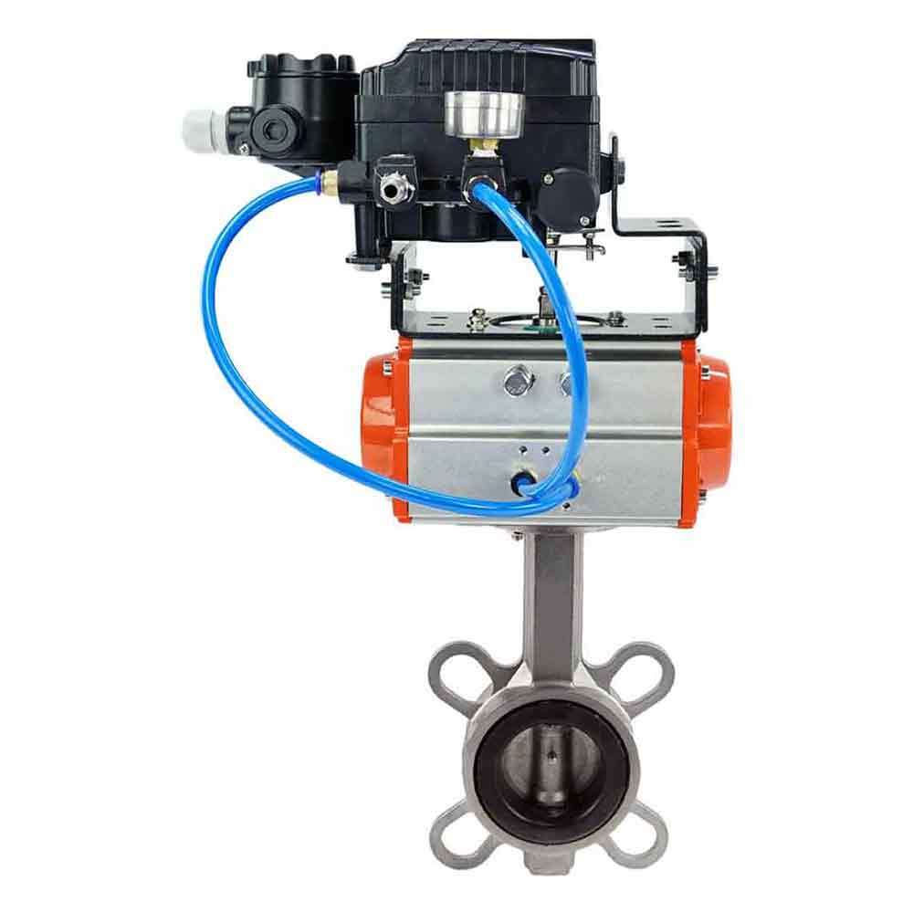 Válvula de mariposa de agua DNOVA 316l-viton-DNOVA-da-yt1000rsi, material del cuerpo - acero inoxidable AISI 316L, material del disco - acero inoxidable AISI 316L, sello - VITON, actuador neumático operado