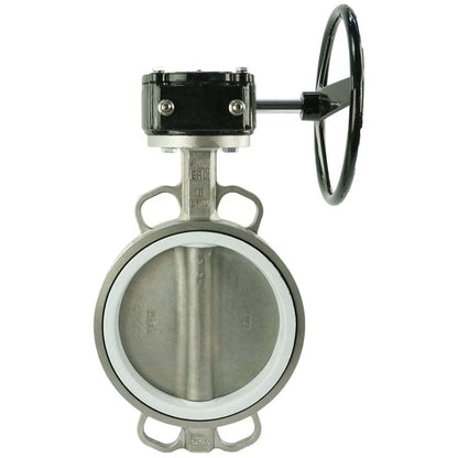 Válvula de mariposa de agua DNOVA 316L-PTFE-RDN, material del cuerpo: acero inoxidable AISI 316L, material del disco: acero inoxidable AISI 316L, sello: PTFE, accionada por engranajes