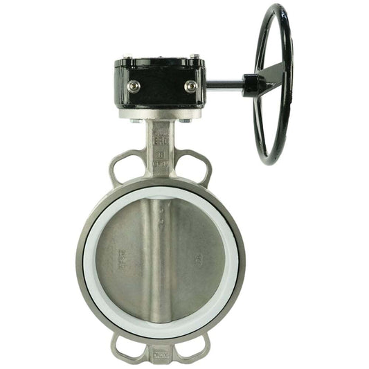 Válvula de mariposa de agua DNOVA 316L-PTFE-RDN, material del cuerpo: acero inoxidable AISI 316L, material del disco: acero inoxidable AISI 316L, sello: PTFE, accionada por engranajes