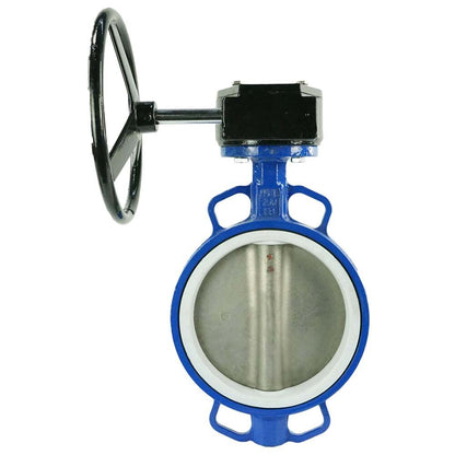 Válvula de mariposa de agua DNOVA WCB-316L-PTFE-RDN, material del cuerpo - acero al carbono WCB, material del disco - acero inoxidable AISI 316L, sello - PTFE, operada por engranajes