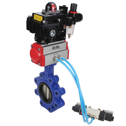 Válvula de mariposa de agua DNOVA WBV1616E-2W-Fb-H, material del cuerpo: fundición gris QT450, material del disco: fundición gris QT450, sello: EPDM, actuador neumático PA-SA con resortes de retorno, 4V320-08 220 V, LSU APL-410N EX, ATU AFC2000