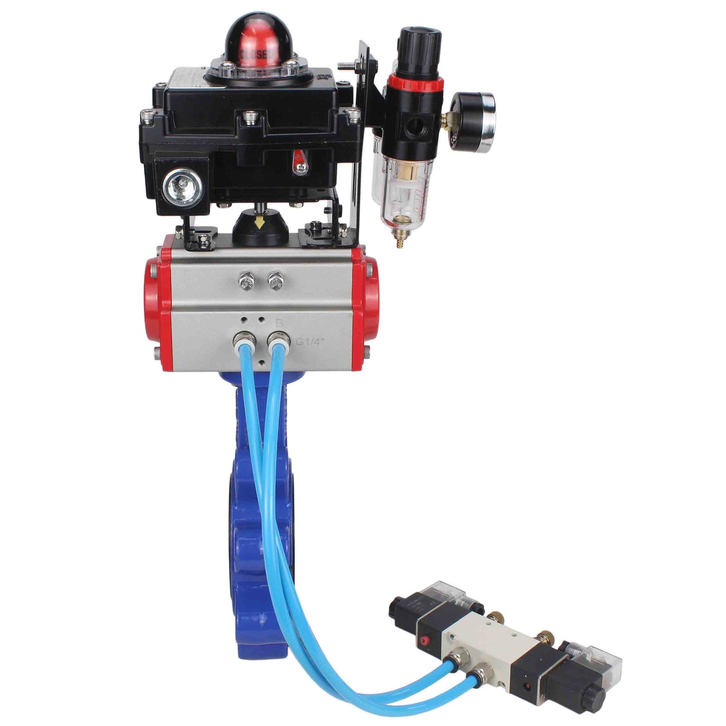 صمام فراشة الماء DNOVA WBV1616E-2W-Fb-H، مادة الهيكل: حديد زهر QT450، مادة القرص: حديد زهر QT450، الختم: EPDM، مشغل هوائي PA-DA مزدوج الفعل، 4V320-10 220V، LSU APL-410N EX، ATU AFC2000