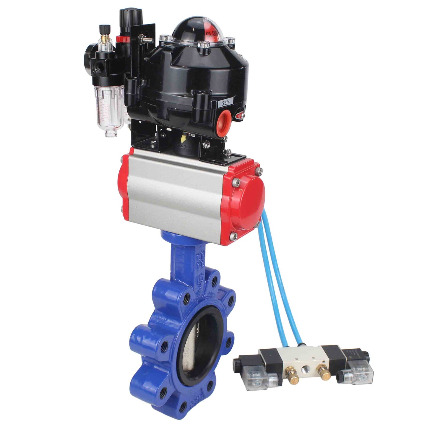 Válvula de mariposa de agua DNOVA WBV1616E-2W-Fb-H, material del cuerpo: fundición gris QT450, material del disco: fundición gris QT450, sello: EPDM, actuador neumático PA-SA con resortes de retorno, 4V320-10 220V, LSU APL-510N EX, ATU AFC2000