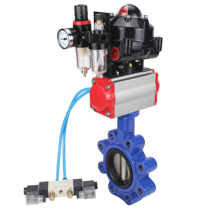 Válvula de mariposa de agua DNOVA WBV1616E-2W-Fb-H, material del cuerpo: hierro fundido QT450, material del disco: hierro fundido QT450, sello: EPDM, actuador neumático PA-DA de doble acción, 4V320-08 220 V, LSU APL-510N EX, ATU AFC2000
