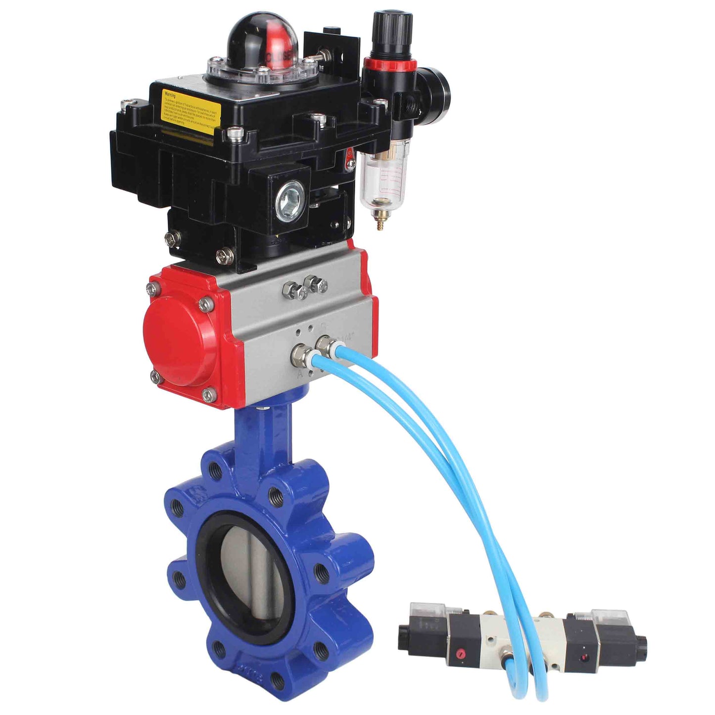 Válvula de mariposa de agua DNOVA WBV1631N-2W-Fb-H, material del cuerpo: fundición gris QT450, material del disco: acero inoxidable AISI 304, junta: NBR, actuador neumático PA-SA con resortes de retorno, 4V320-08 220 V, LSU APL-410N EX ATU AFC2000