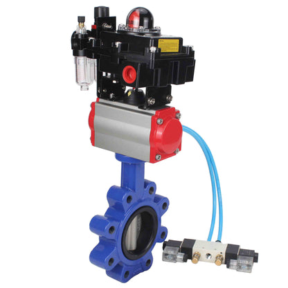 Válvula de mariposa de agua DNOVA WBV1631N-2W-Fb-H, material del cuerpo: fundición gris QT450, material del disco: acero inoxidable AISI 304, sello: NBR, actuador neumático PA-DA de doble acción, 4V320-08 220V, LSU APL-410N EX, ATU AFC2000
