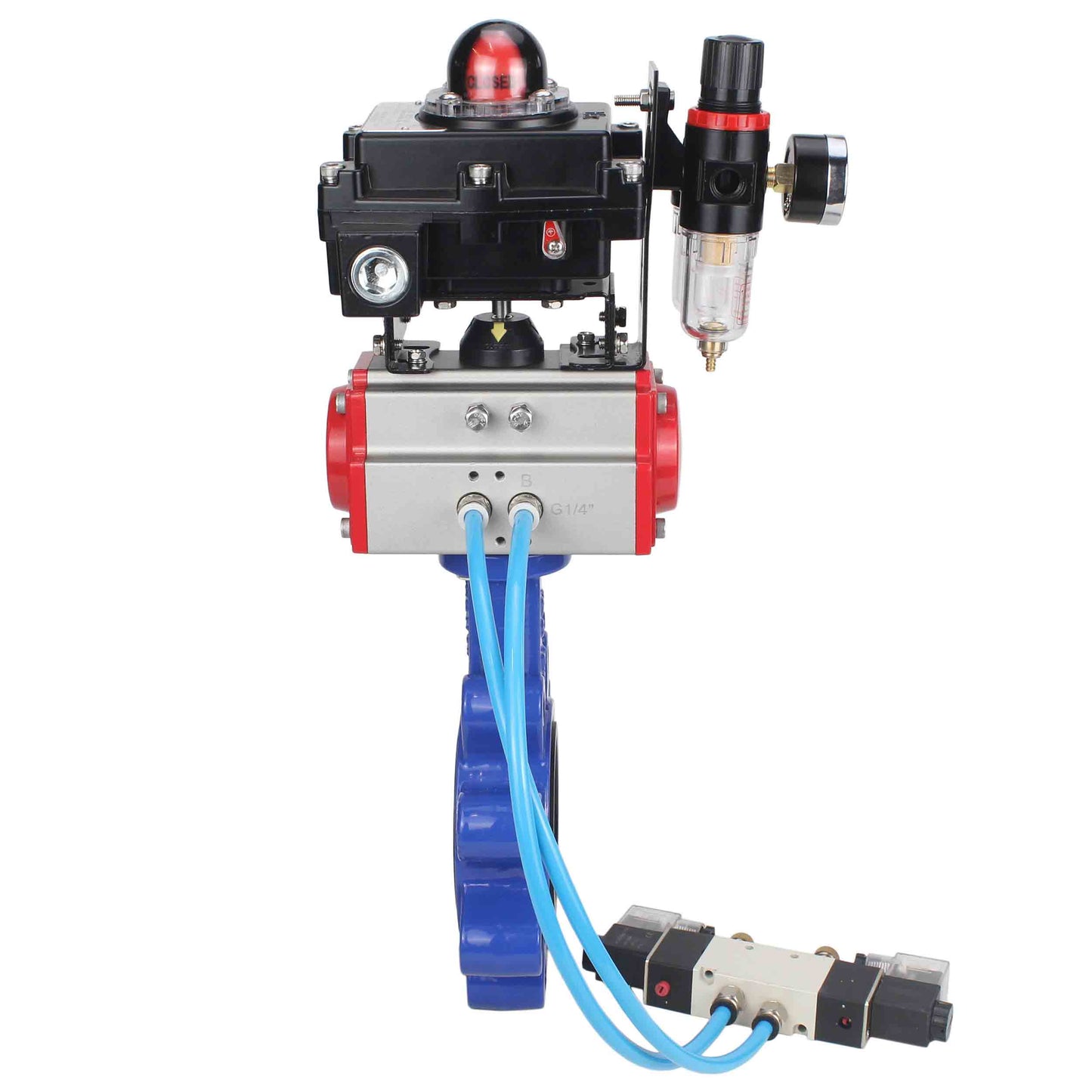 Válvula de mariposa de agua DNOVA WBV1631N-2W-Fb-H, material del cuerpo: fundición gris QT450, material del disco: acero inoxidable AISI 304, junta: NBR, actuador neumático PA-SA con resortes de retorno, 4V320-08 220 V, LSU APL-410N EX ATU AFC2000