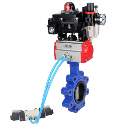 Válvula de mariposa de agua DNOVA WBV1631N-2W-Fb-H, material del cuerpo: fundición gris QT450, material del disco: acero inoxidable AISI 304, junta: NBR, actuador neumático PA-SA con resortes de retorno, 4V320-08 220 V, LSU APL-410N EX ATU AFC2000