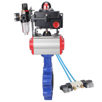 Válvula de mariposa de agua DNOVA WBV1631E-2W-Fb-H, material del cuerpo: fundición gris QT450, material del disco: acero inoxidable AISI 304, junta: EPDM, actuador neumático PA-DA de doble acción, 4V320-10 220 V, LSU APL-410N EX, ATU AFC2000