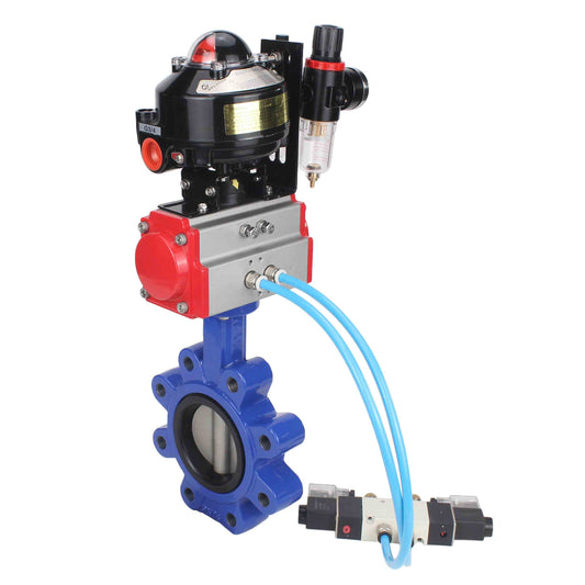 صمام فراشة الماء DNOVA WBV1631E-2W-Fb-H، مادة الهيكل: حديد زهر QT450، مادة القرص: فولاذ مقاوم للصدأ AISI 304، الختم: EPDM، مشغل هوائي PA-DA مزدوج الفعل، 4V320-10 220 فولت، LSU APL-510N EX، ATU AFC2000