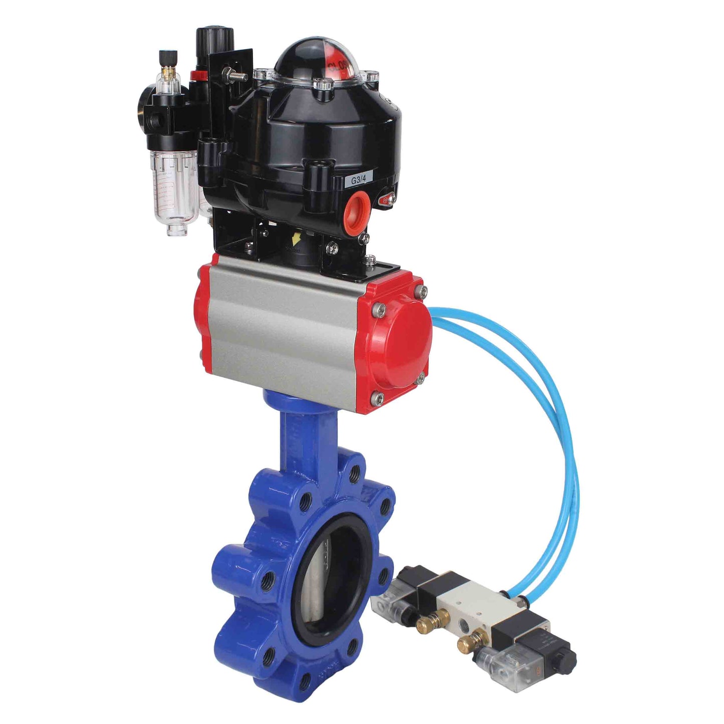 Válvula de mariposa de agua DNOVA WBV1631N-2W-Fb-H, material del cuerpo: fundición gris QT450, material del disco: acero inoxidable AISI 304, junta: NBR, actuador neumático PA-SA con resortes de retorno, 4V320-10 220V, LSU APL-510N EX, ATU AFC2000