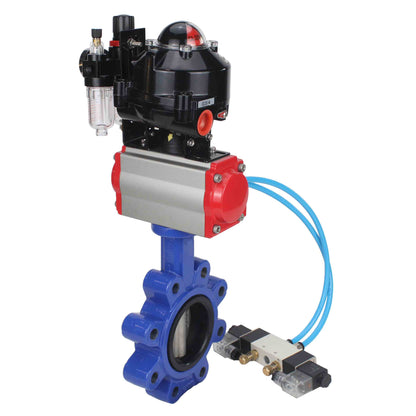 Válvula de mariposa de agua DNOVA WBV1631N-2W-Fb-H, material del cuerpo: fundición gris QT450, material del disco: acero inoxidable AISI 304, sello: NBR, actuador neumático PA-DA doble acción, 4V320-08 220V, LSU APL-510N EX, ATU AFC2000