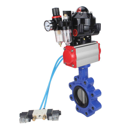 Válvula de mariposa de agua DNOVA WBV1631N-2W-Fb-H, material del cuerpo: fundición gris QT450, material del disco: acero inoxidable AISI 304, sello: NBR, actuador neumático PA-SA con resortes de retorno, 4V320-08 220V, LSU APL-510N EX, ATU AFC2000