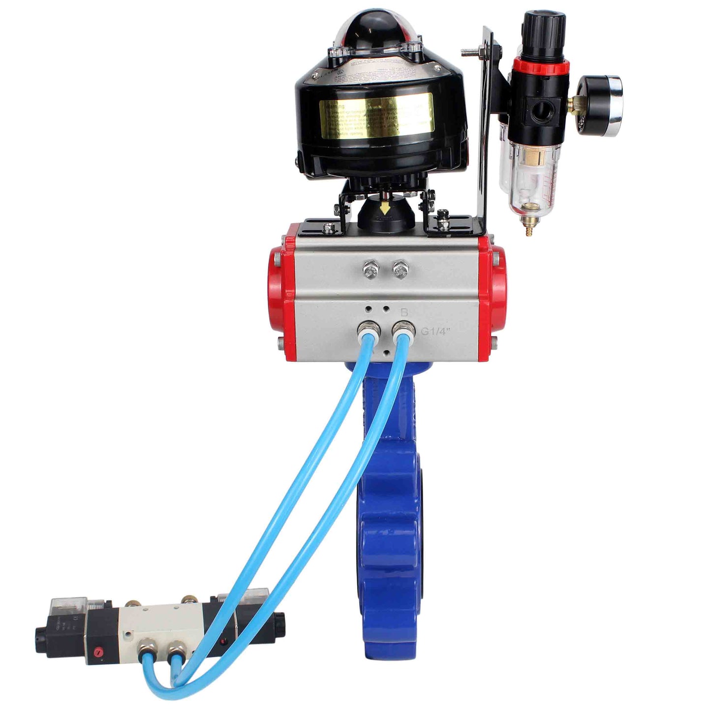 Válvula de mariposa de agua DNOVA WBV1631E-2W-Fb-H, material del cuerpo: fundición gris QT450, material del disco: acero inoxidable AISI 304, junta: EPDM, actuador neumático PA-DA de doble acción, 4V320-10 220V, LSU APL-510N EX, ATU AFC2000