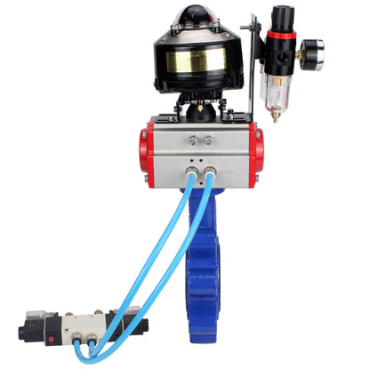 Válvula de mariposa de agua DNOVA WBV1631N-2W-Fb-H, material del cuerpo: fundición gris QT450, material del disco: acero inoxidable AISI 304, sello: NBR, actuador neumático PA-DA doble acción, 4V320-08 220V, LSU APL-510N EX, ATU AFC2000