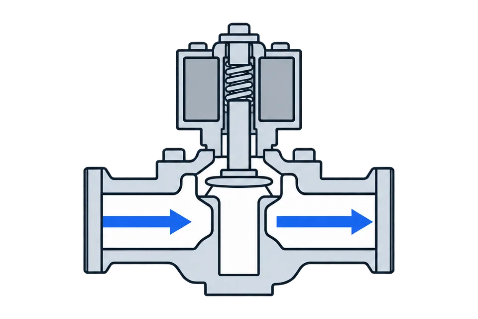 Normally open solenoid valve: Coil off