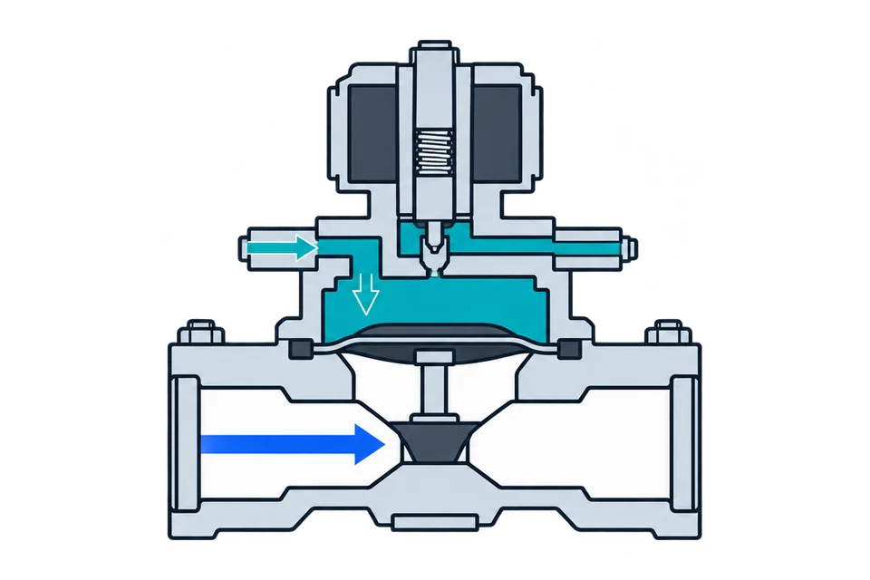 Pilot-operated solenoid inset: Coil off