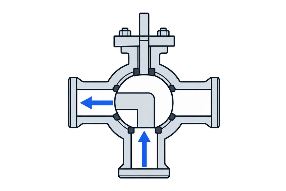 Three-way L-port ball: Position 1