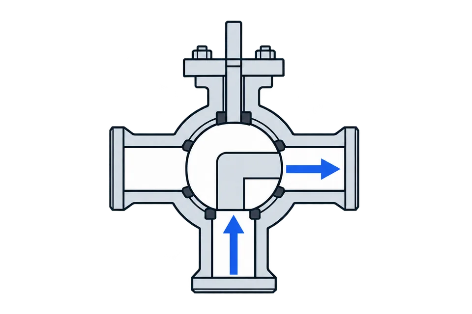 Three-way L-port ball: Position 2