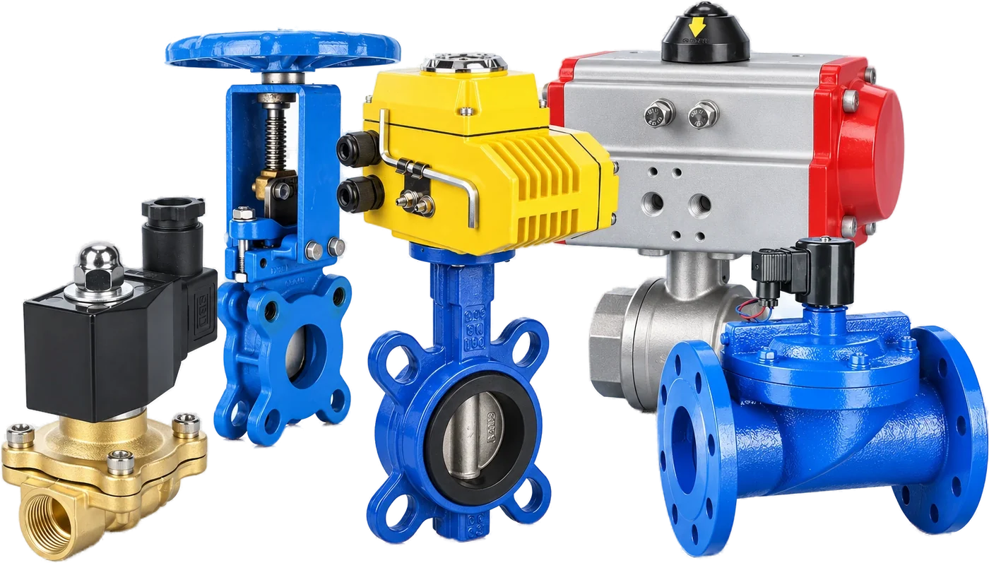 DNOVA valves: solenoid, knife gate, butterfly with electric actuator, ball with pneumatic actuator, flanged solenoid